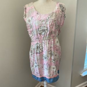 SideCar Pink Cream Floral Sleeveless Mini Dress w Elastic Waist